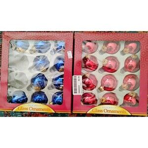 Vtg Holiday Glass Christmas Ornaments Lot 2 Boxes Red Blue Ball Bulbs 22 Total